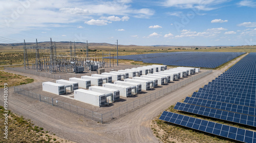 BESS Battery Energy Storage Facility with Substation on Natural Landscape with Solar Panels.