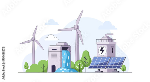 Sustainable energy power plant illustration with wind solar and hydro power. EPS Editable. Vector Illustrations.