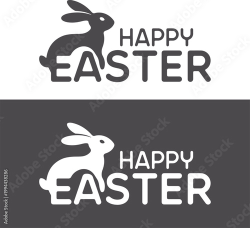 Minimalist Bunny Rabbit Silhouette Happy Easter Typography Design Element for Spring Holiday Greeting Cards and Posters, Vector illustration