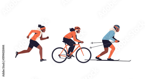 Three athletes engaged in triathlon training activities including running cycling and cross country skiing. EPS Editable. Vector Illustrations.