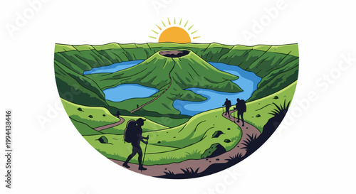 Hikers explore a volcanic crater lake landscape at sunrise