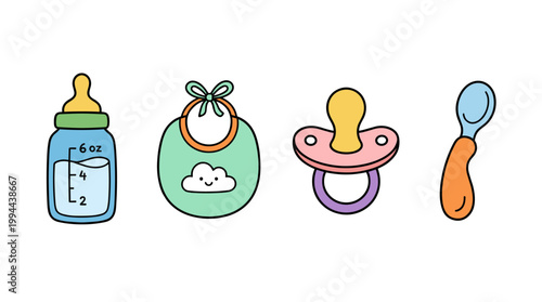 Baby feeding icons set: bottle, bib, pacifier and spoon in flat vector doodle style