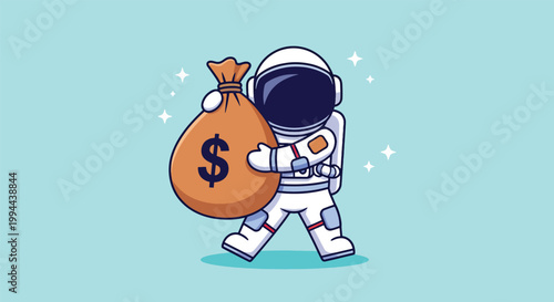 Astronaut carrying a large bag of money symbolizing financial success and space exploration.