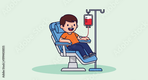 Cartoon Boy Sitting in Medical Chair Donating Blood Illustration.