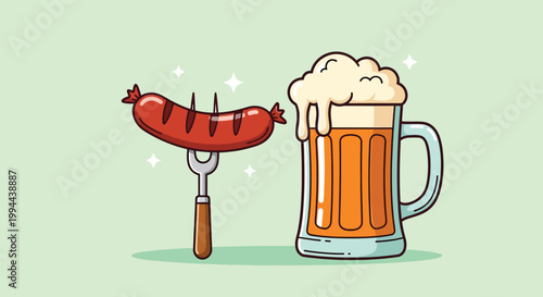 Cartoon illustration of a grilled sausage on a fork and a glass of cold beer.