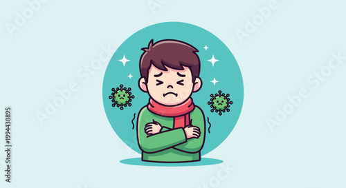 Cartoon Illustration of a Sick Boy Suffering from Cold and Fever.