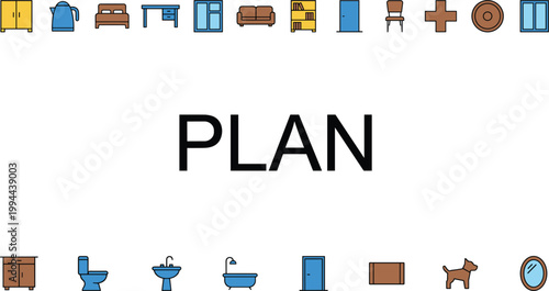 Home planning and interior layout icon set featuring furniture, fixtures, household elements and residential design arrangement symbols
