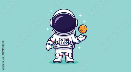 Cute Astronaut Holding Moon in Space Cartoon Vector.