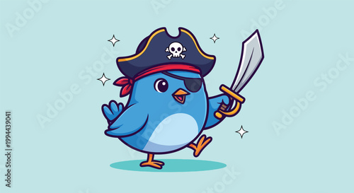 Cute blue bird pirate mascot holding a sword and wearing a captain hat.