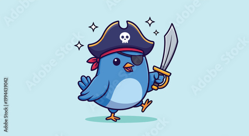 Cute blue bird pirate character holding a sword and wearing a pirate hat with skull symbol.