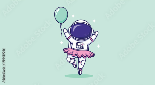 Cute astronaut in a pink tutu floating with a green balloon.