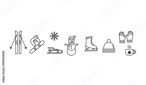 Winter activities and symbols outline icons with skiing snowboarding and seasonal elements editable stroke vector