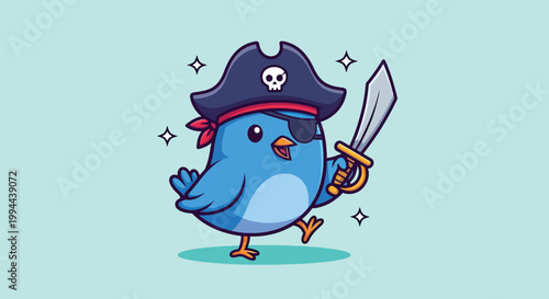 Cute Blue Bird Pirate Mascot Holding a Sword and Wearing a Pirate Hat Illustration.