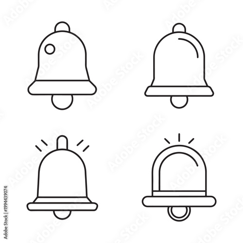 Line art bell icons in different styles and states for notifications and alerts on white background  simple outline illustrations