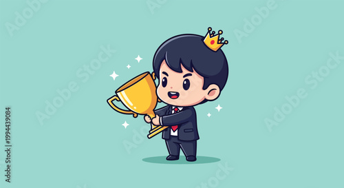 Cute Businessman Boy Holding Golden Trophy and Wearing a Crown Cartoon Illustration.