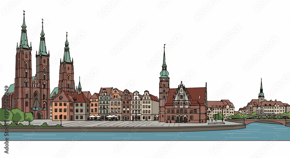 Fototapeta premium Historic riverside cityscape with grand churches and charming architecture