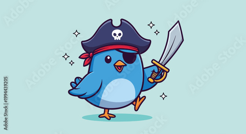 Cute Cartoon Blue Bird Pirate Wearing a Bicorne Hat and Holding a Cutlass Sword Vector Illustration.