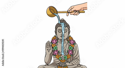 Gentle pouring of water onto serene Buddha statue with floral garland