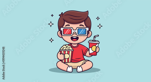 Cute cartoon boy wearing 3D glasses eating popcorn and drinking soda.