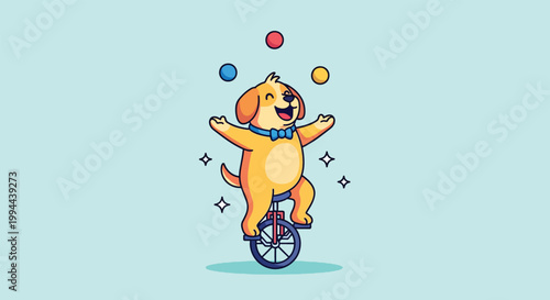 Cute cartoon dog juggling balls while riding a unicycle Vector Illustration.