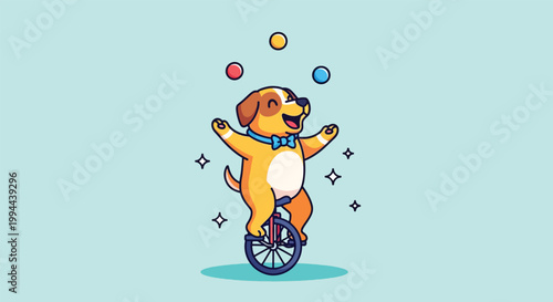 Cute cartoon dog juggling colorful balls while riding a unicycle.