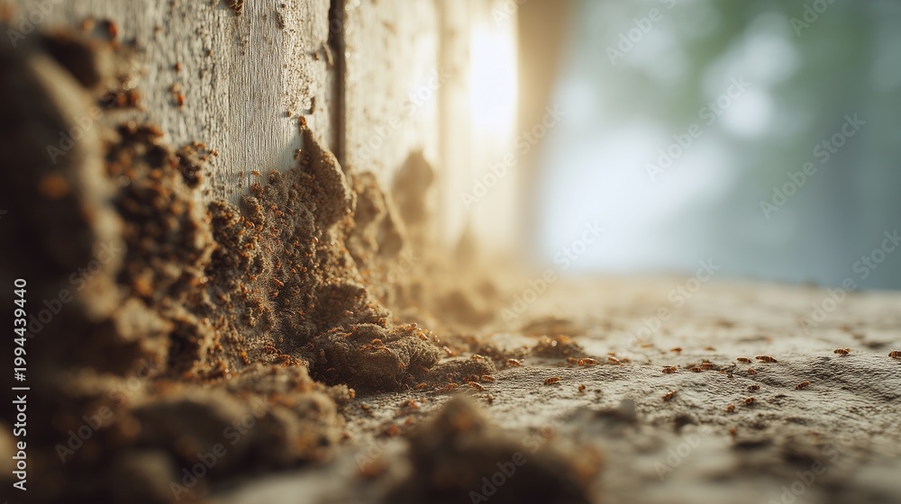 Fototapeta premium Close-up of termite mud tubes and frass on a damaged wall and windowsill indicating termite control structural damage risk.