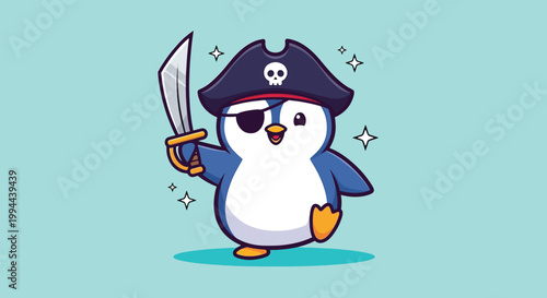 Cute Cartoon Penguin Pirate Character Holding a Sword and Wearing an Eyepatch Illustration.