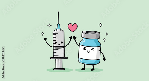 Cute cartoon syringe and vaccine bottle characters.