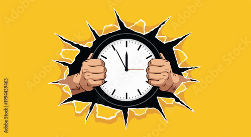 Hands holding a clock, breaking through a yellow background