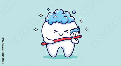 Cute Cartoon Tooth Brushing with Toothpaste and Foam Illustration.