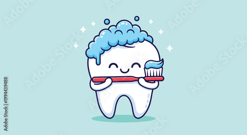 Cute Cartoon Tooth Character Brushing with Toothbrush and Blue Foam Illustration for Dental Hygiene Education.