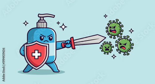 Cute hand sanitizer character fighting viruses with sword and shield illustration.