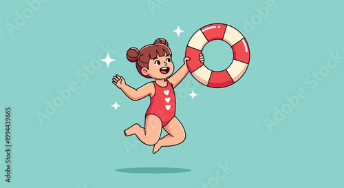 Cute little girl jumping in a red swimsuit holding a lifebuoy for summer swimming fun.
