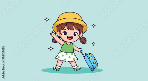 Cute Little Girl Pulling a Suitcase and Waving for Travel Adventure Cartoon Illustration.