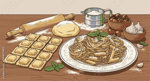 Fresh pasta ingredients and prepared dishes on a wooden surface