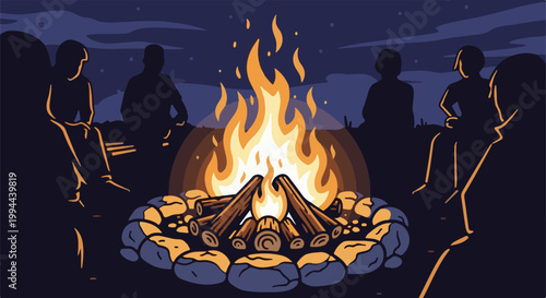 Evening gathering around a glowing campfire under a starry night sky