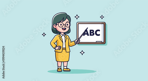 Female Teacher Explaining ABC on Whiteboard Illustration.