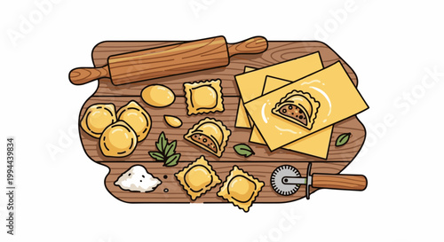 Fresh pasta making ingredients and tools arranged on a wooden cutting board