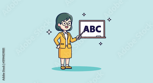 Female teacher pointing to ABC on a whiteboard cartoon illustration.