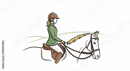 Equestrian rider in green jacket and brown helmet on a white horse