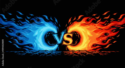 Fiery blue and orange elemental forces clash with a bold 