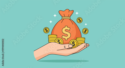 Hand holding a money bag and gold coins illustration.