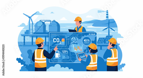 Engineers analyze data on renewable energy and carbon emissions at a futuristic plant