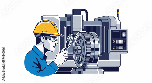 Engineer inspects complex machinery with magnifying glass