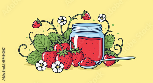 Fresh strawberries, jam jar, spoon with jam, and delicate white flowers on a pale yellow background