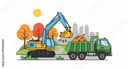Excavator loading autumn leaves into a dump truck with trees and city skyline background