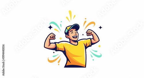 Energetic young man flexing biceps with colorful celebratory bursts and sparkling stars