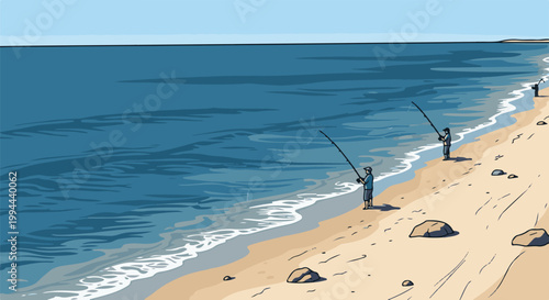 Fishermen casting lines into the vast blue ocean from a sandy shore