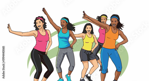 Energetic women in colorful athletic wear joyfully dancing together in a fitness class
