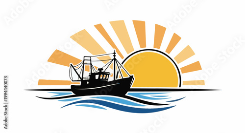 Fishing vessel sails on water against a rising sun